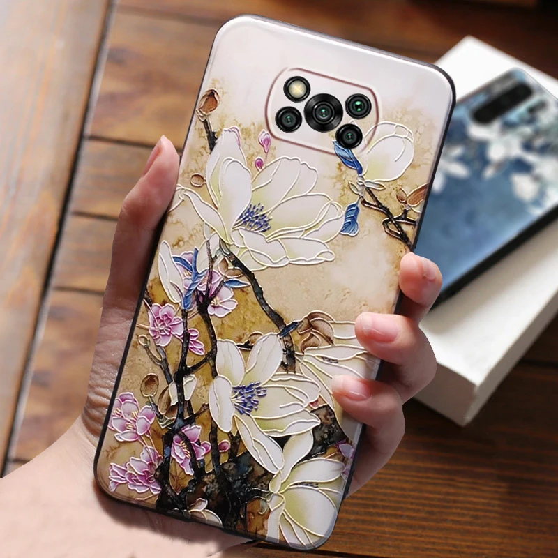 

For Xiomi Xiaomi Poco X3 NFC Case Coque For Fundas Xiaomi PocoX3 Pocophone X3 NFC Cases Black Soft 3D Flowers Phone Case Cover