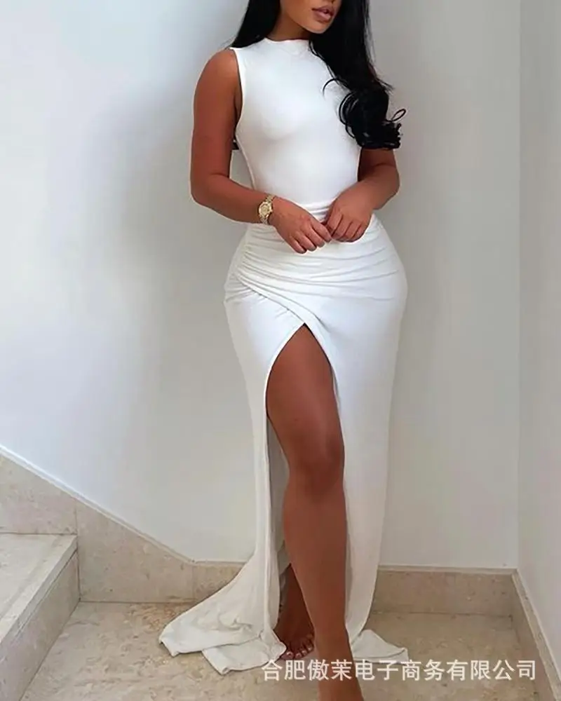 

Women's White Sleeveless slit dress