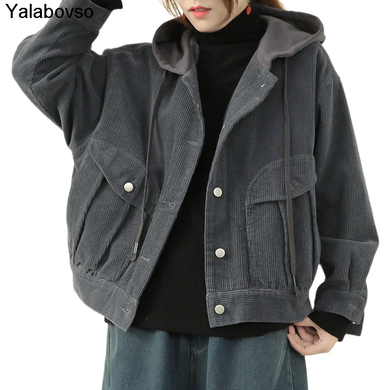 

Ladies Button Warm Padded Coat Korean Style Snow Clothes 2021 Autumn Corduroy Winter Jacket Women Hooded Casual Loose Yalabovso