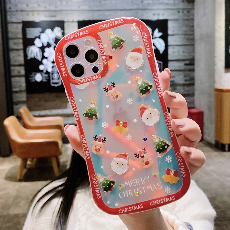 

Luxury Merry Christmas Santa Claus Elk Tree Glitter Blu-ray Phone Case For iPhone 13 12 11 Pro Xs Max X Xr 7 8 Puls Soft Cover