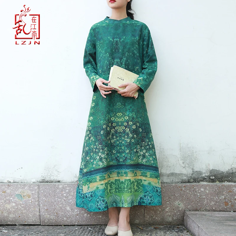 Женское длинное платье с поясом LZJN осеннее длинным рукавом и цветочным принтом
