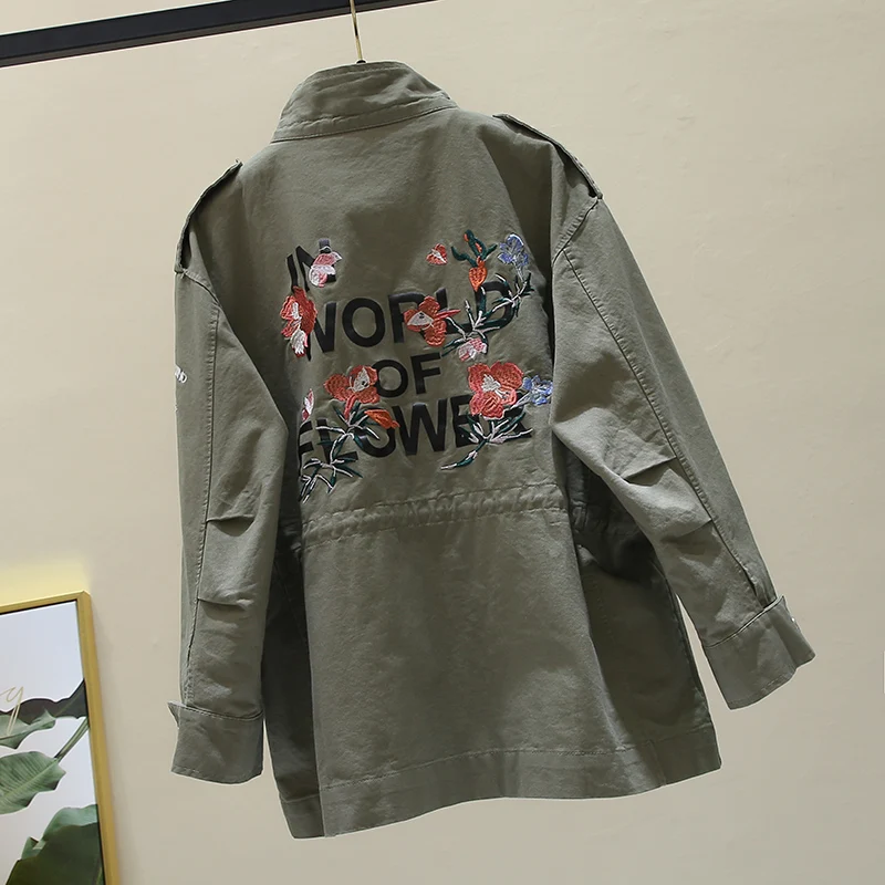 

Korean Style Loose and Plus-sized BF Student All-match Embroidery Ins Waist Hugging Tooling Windbreaker Female Harajuku Coat