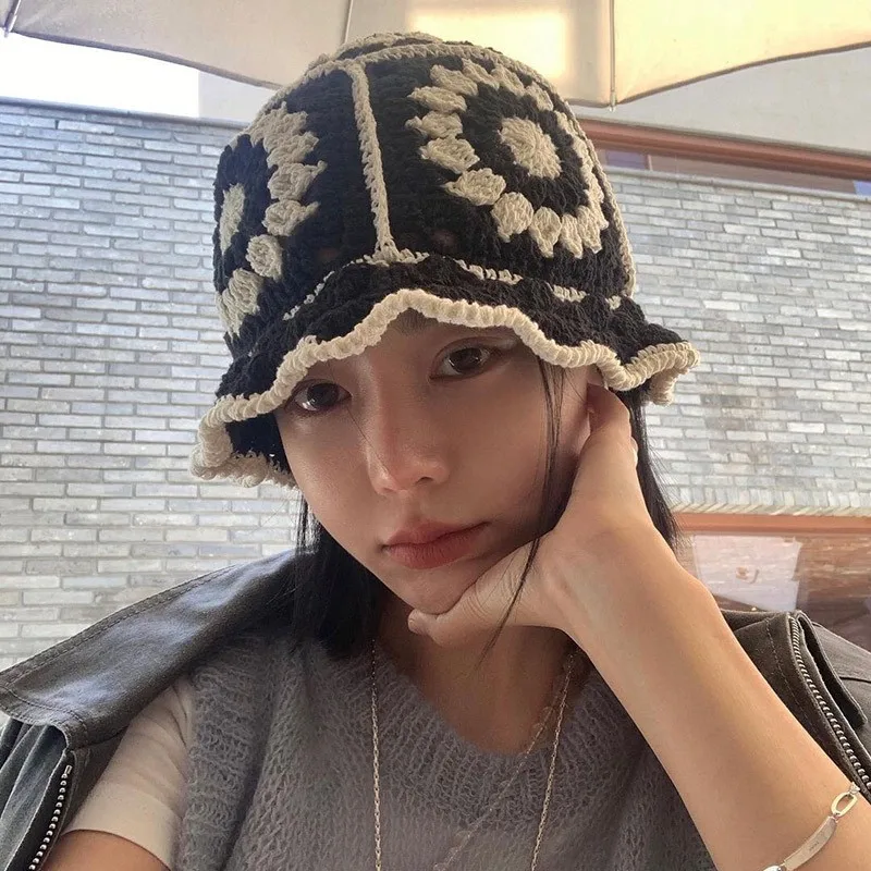

New Panama Women Fashion Wool Knitted Hats Pure Cotton Winter Hat Foldable Hollow Crochet Knitting Multicolor Bucket Cap