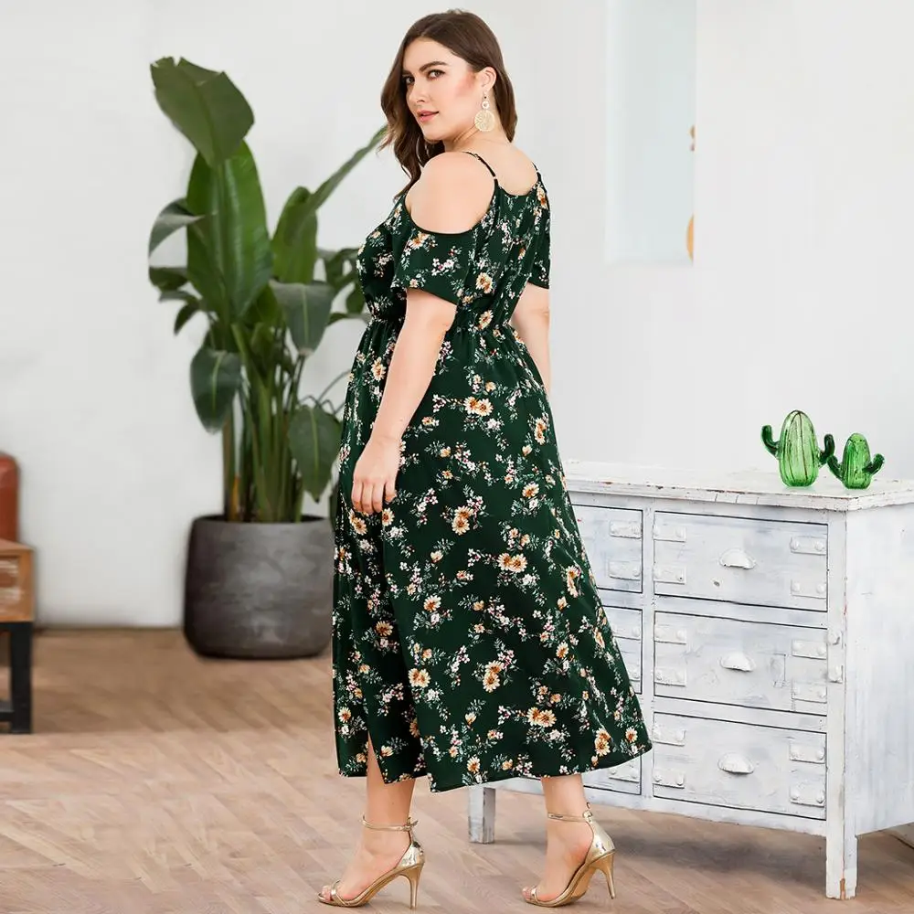 WHZHM/Большие размеры 3XL 4XL зеленое богемное платье с цветочным принтом женское