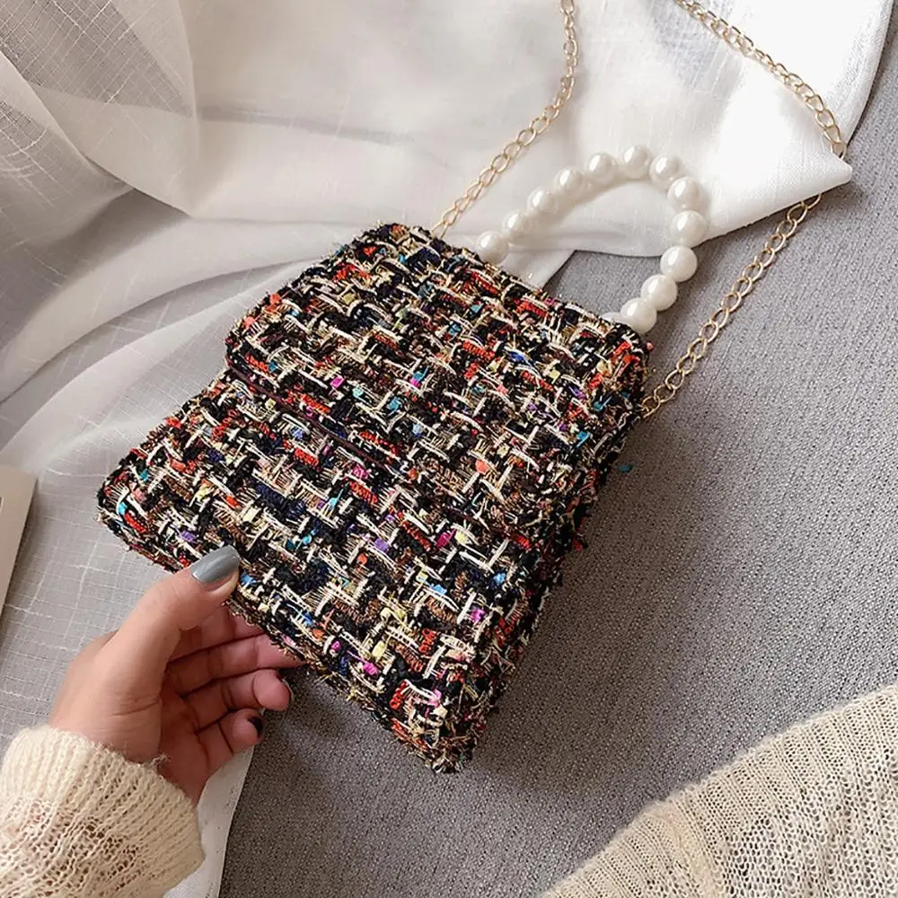 Ретро клетчатая жемчужная сумка через плечо для женщин модная шерстяная