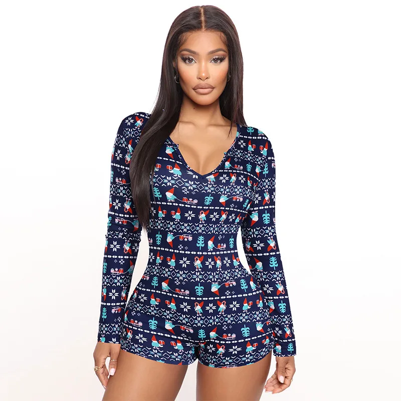

Women Christmas Printed Romper Adults Slim-fit Long Sleeve V-neck Playsuit Homewear Short Pants Overalls 2021 New