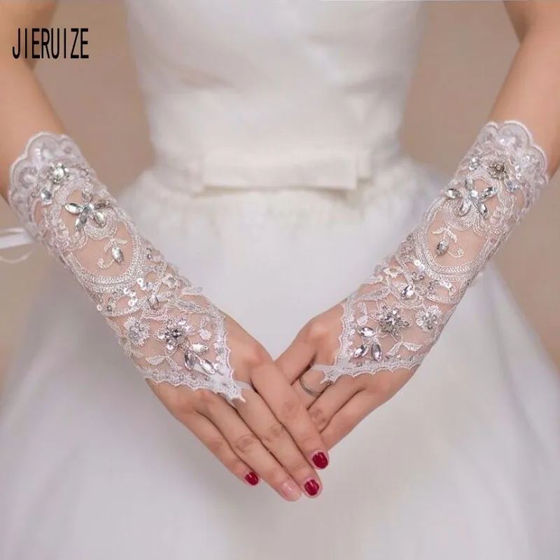 JIERUIZE Sparkly Wedding Gloves Crystal Lace Bridal Gloves Wedding Accessories 2020 Latest Style