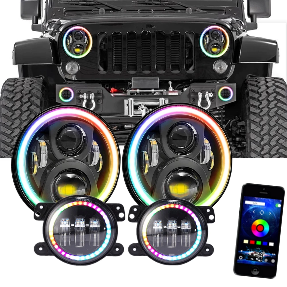 Для Jeep Wrangler JK 7 &quotRGB Halo светодиодный фар с 4 дюймов LED Противотуманные фары Bluetooth App