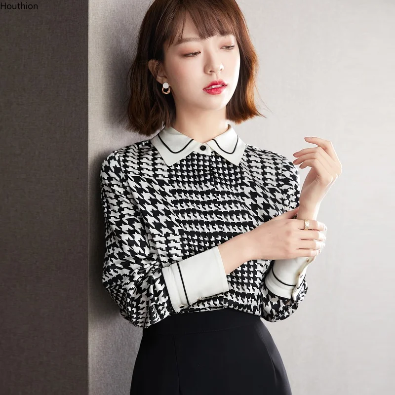 

Women's Blouses Print Tops New Casual Blouse Spring/autumn Chiffon Shirt Thousand Birds Plaid Fashion Long Sleeve Top Houthion