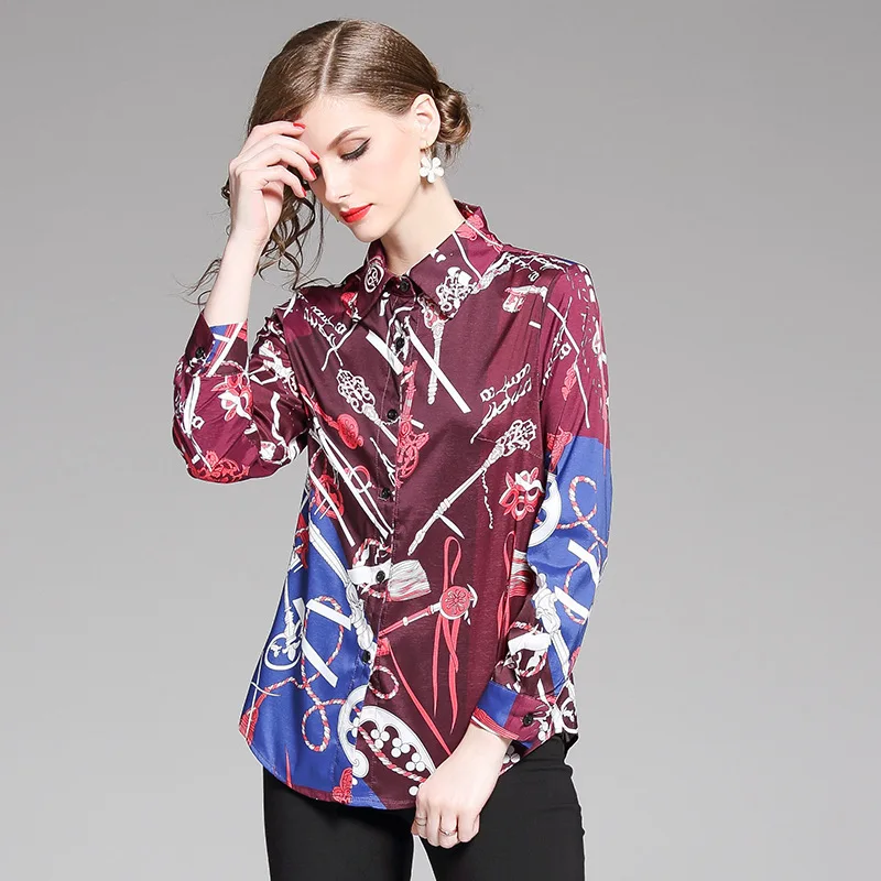 

Euramerican Women's Temperament Stitching Print Shirt Fashion Chiffon Long Sleeve Lining Women Elegant Girl Tops Ladies Blouses