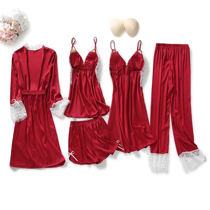 5 PCS Satin Robe Gown Sleep Suit Spring Womens Lace Flower Nighty&Bathrobe With Chest Pads Sleepwear Lounge Home Wear Nightgown