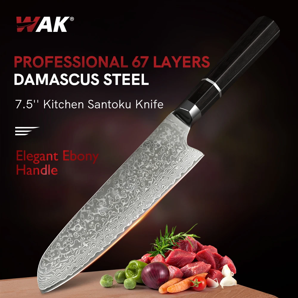 WAK 7.5'' Damascus Steel Santoku Knife Professional Kitchen Japanese Knife Ergonomic Elegant Ebony Octagon Handle Kitchen Knives