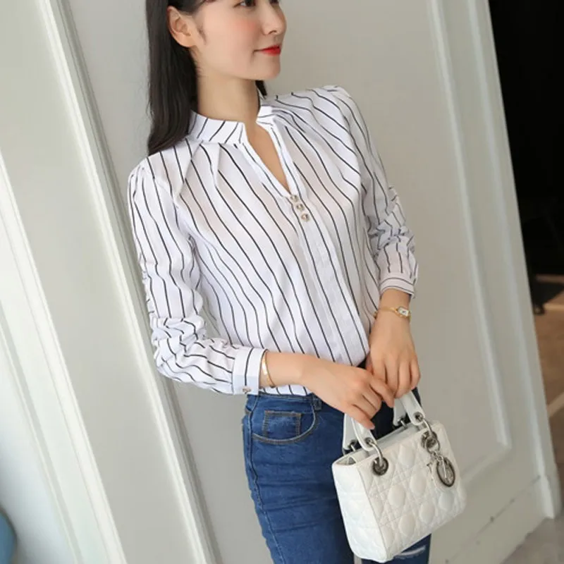 

Women Fashion White Tops and Blouses Stripe Print Design Casual Long Sleeve Office Lady Work Formal Shirts Female Plus Size 2020