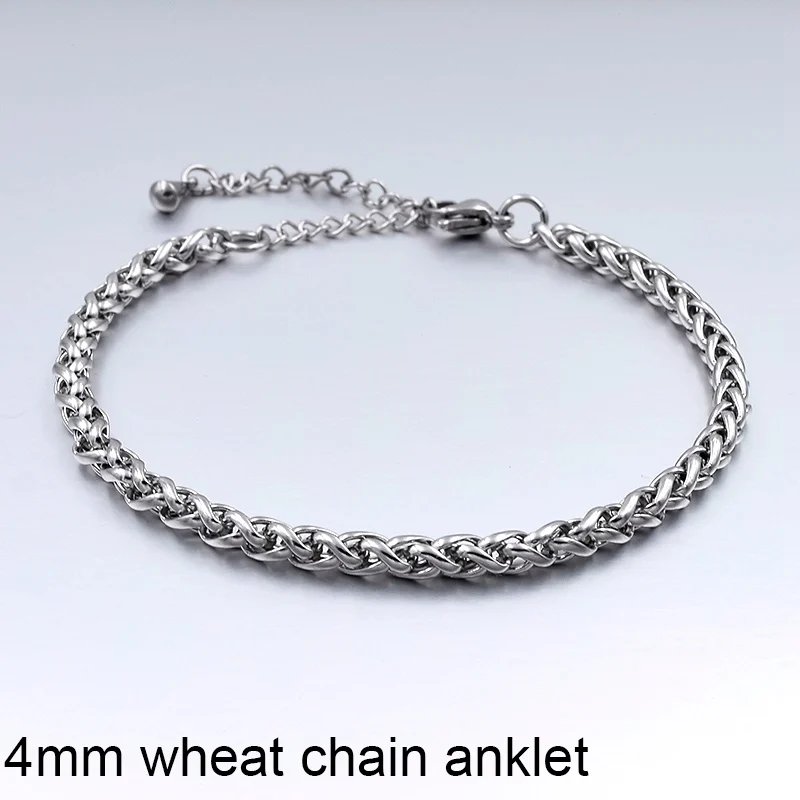 4mm wheat chain Ювелирные изделия летние пляжные браслеты на ногу лодыжки браслеты для женщин ножная цепочка простые мужские ножные браслеты из нержавеющей стали серебристого цвета - Окраска металла: 4mm wheat chain