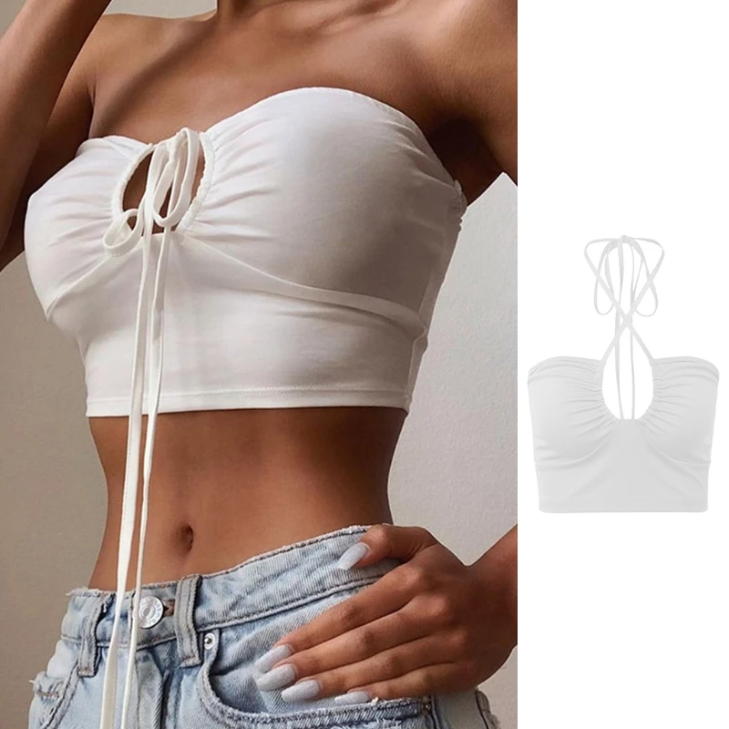 

Women Sexy Lace-Up Halter Ruched Crop Top Hollow Out Strappy Bandeau Camisole D0UD