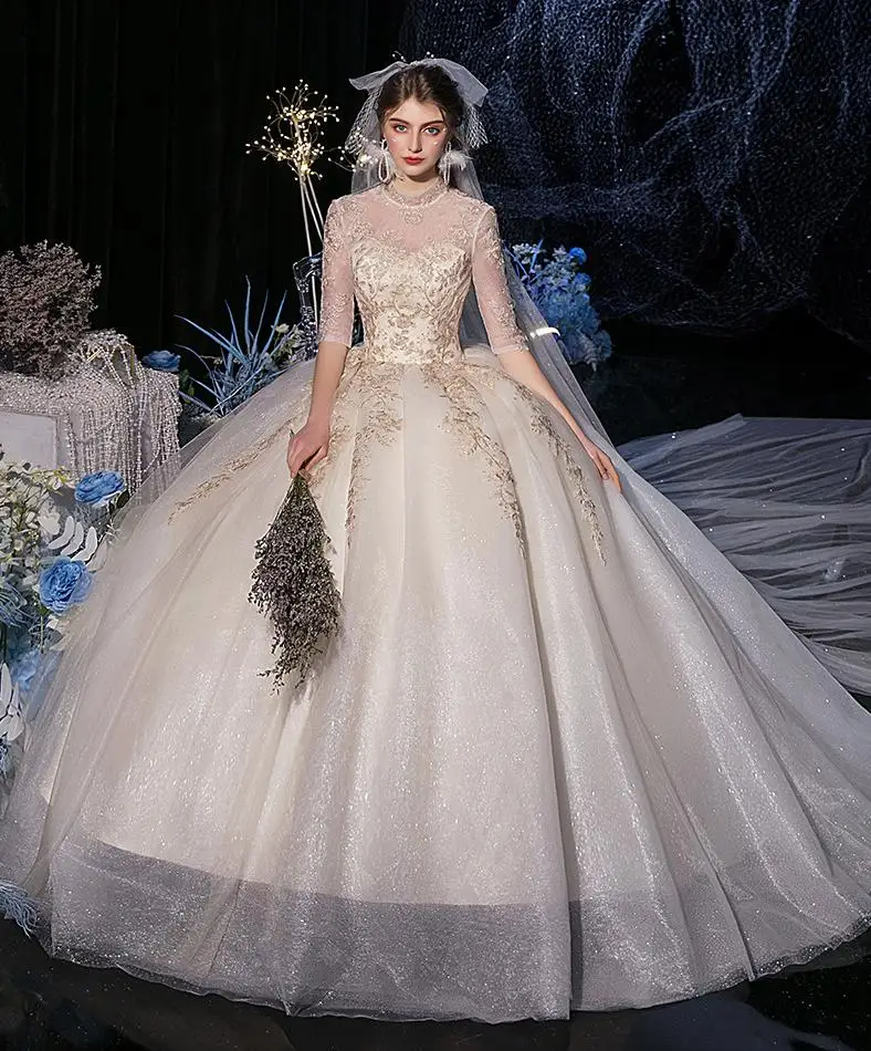 

Vestido De Noiva 2021 Elegant Champagne Lace Wedding Dress Fashion High Neck Half Sleeve Bride Dress Floor-length Wedding Gowns