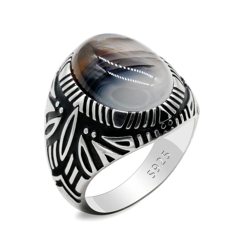 

Real Vintage 925 Sterling Sliver Rings for Men with Natural Agate Stone Ring for Man Women High Quality Turkish JewelryPartyGift