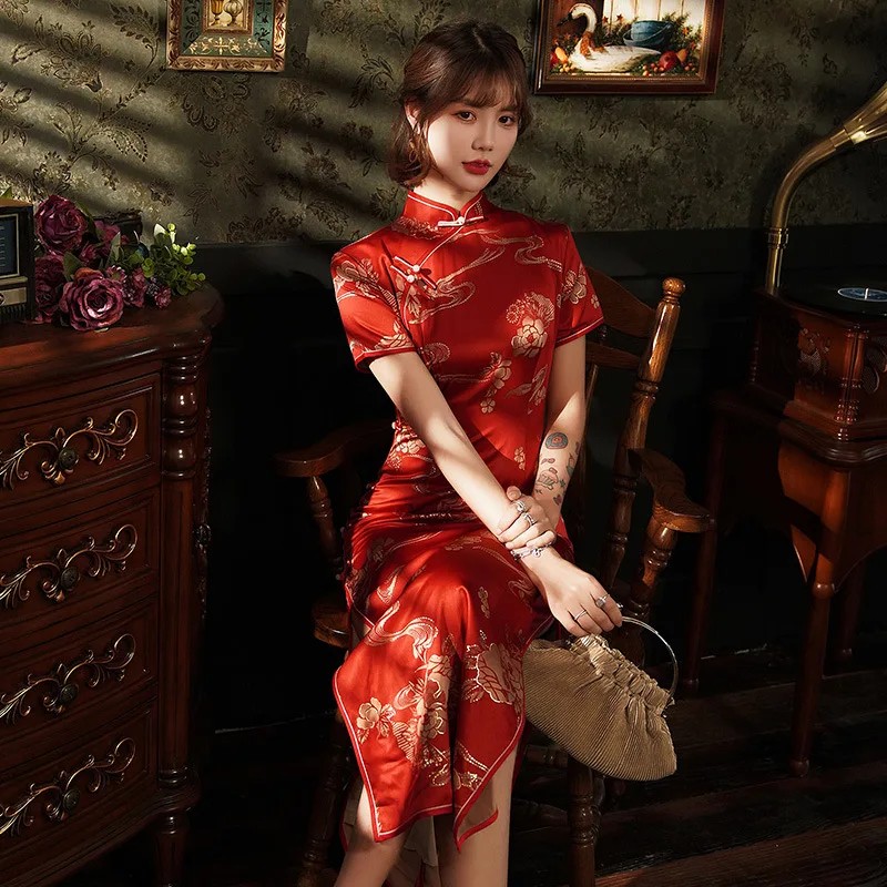 

Spring red Long Cheongsam Novelty Chinese style Dress Womens Satin Qipao Slim Party Dresses Handmade Button Vestido Size S-4XL