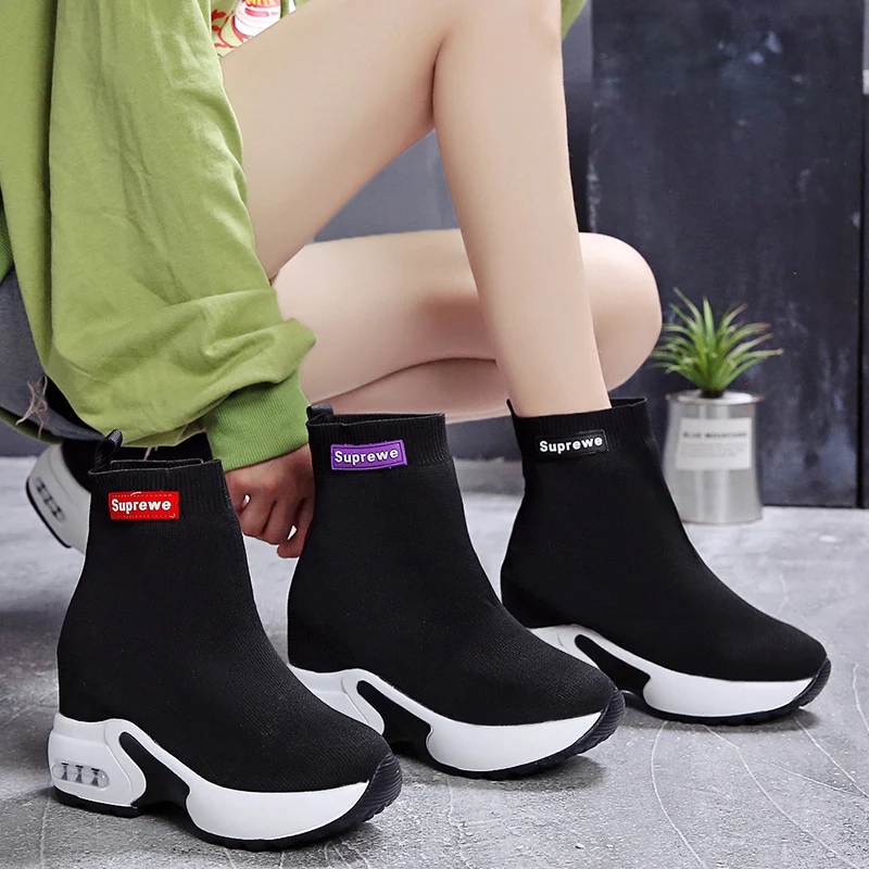 

High-top knitted socks shoes women's 2019 new autumn Joker inner height platform sponge cake wedges women's shoes tide