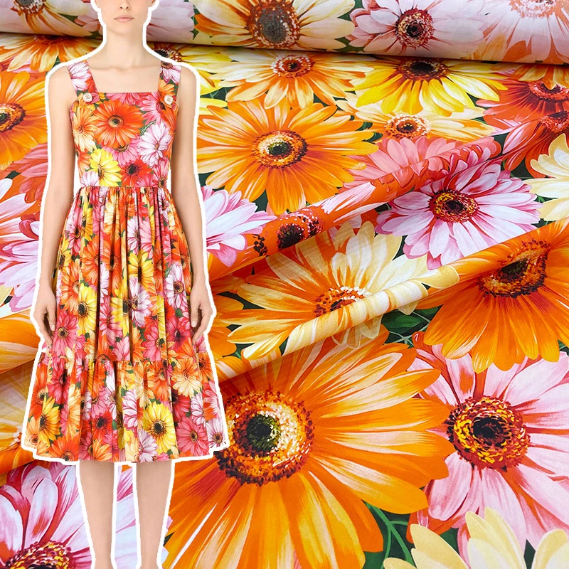 

New pure cotton digital printed cloth 60 poplin sunflower chrysanthemum pattern clothing skirt dress fabric for sewing hot