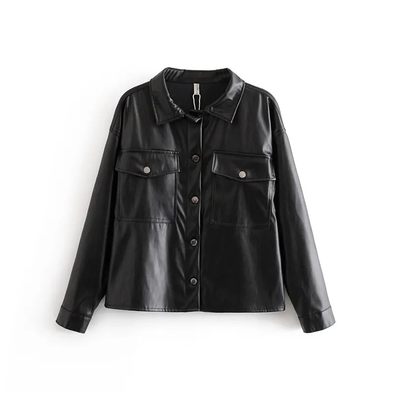 Женская винтажная однобортная куртка из искусственной кожи черная Повседневная