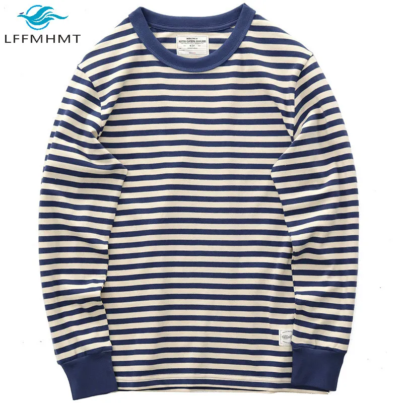 

Spring Autumn Fashion Men Striped Round Neck Long Sleeve Stripe T-Shirt Male Navy Style Casual Loose Vintage Cotton Pullover Tee
