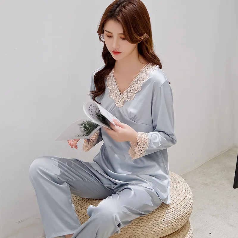 

FZSLCYIYI Women's Faux Silk Satin Sleepwear Nightwear Long Sleeve Pullover Pants Pajamas Home Clothes Sleeping Homewear