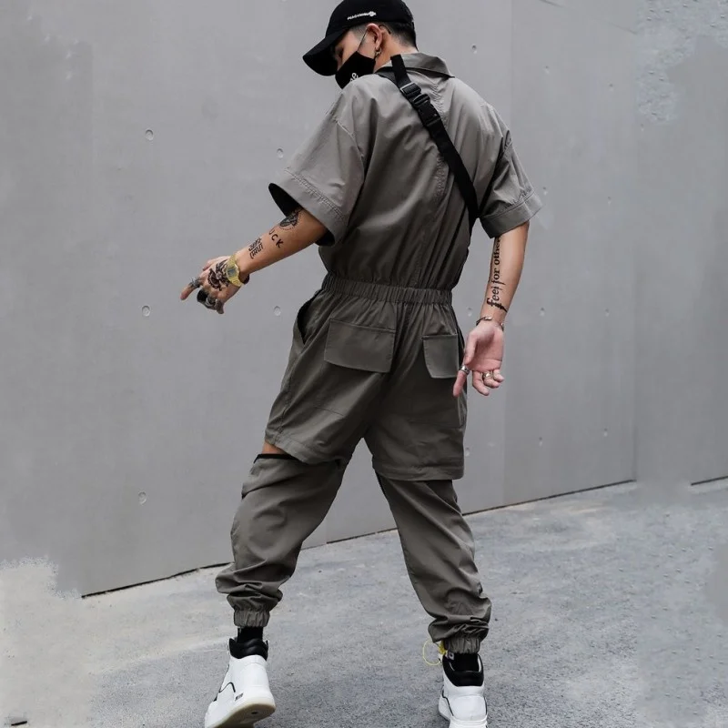 Hop Hip Japanese Cargo Overalls Mens Casual Loose Fit Short Sleeve Design Patchwork Vintage Rompers Summer Street Mens Jumpsuits