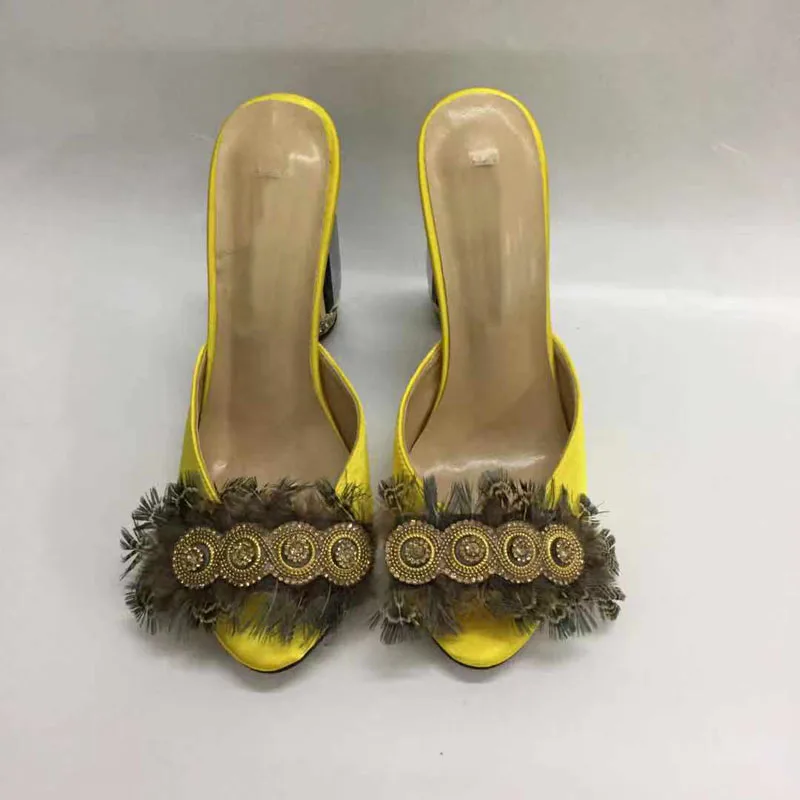

Macytino Peacock Feather Embellished High Heel Satin Slippers Summer Dress Mules Shoes Women