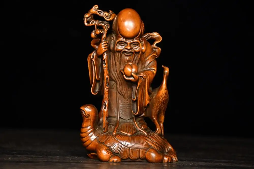 

5" China Lucky Seikos Boxwood Birthday star statue God of Longevity Red crowned crane statue Implication longevity