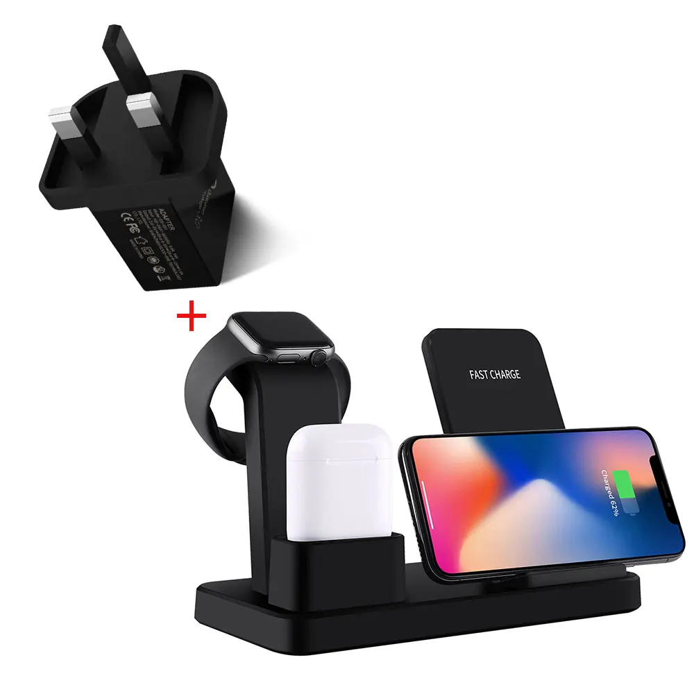 Black UK Plug NYFundas беспроводной Qi 3 в 1 держатель телефона зарядное устройство 10 Вт для Apple Watch Series 4 3 2 Iphone XS Max XR 8 Plus X Iwatch Airpods Dock - Цвет: Black UK Plug