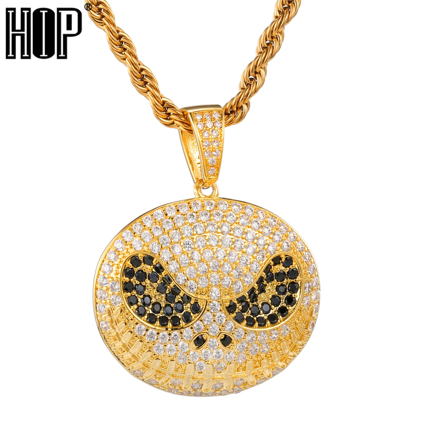 

Drool Round Face Pendant With Tennis Chain Gold Charm Bling Cubic Zircon Men's Hip hop Necklace Rock Jewelry
