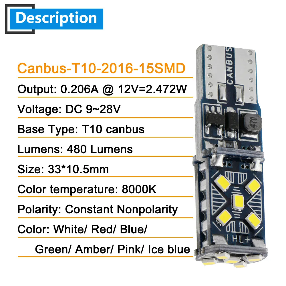 50X DC 9-28V Canbus W5W Car Light Clearance T10 2016 15SMD LED No error Bulb trunk signal 194 White Ice Blue Red Amber Pink | Автомобили и