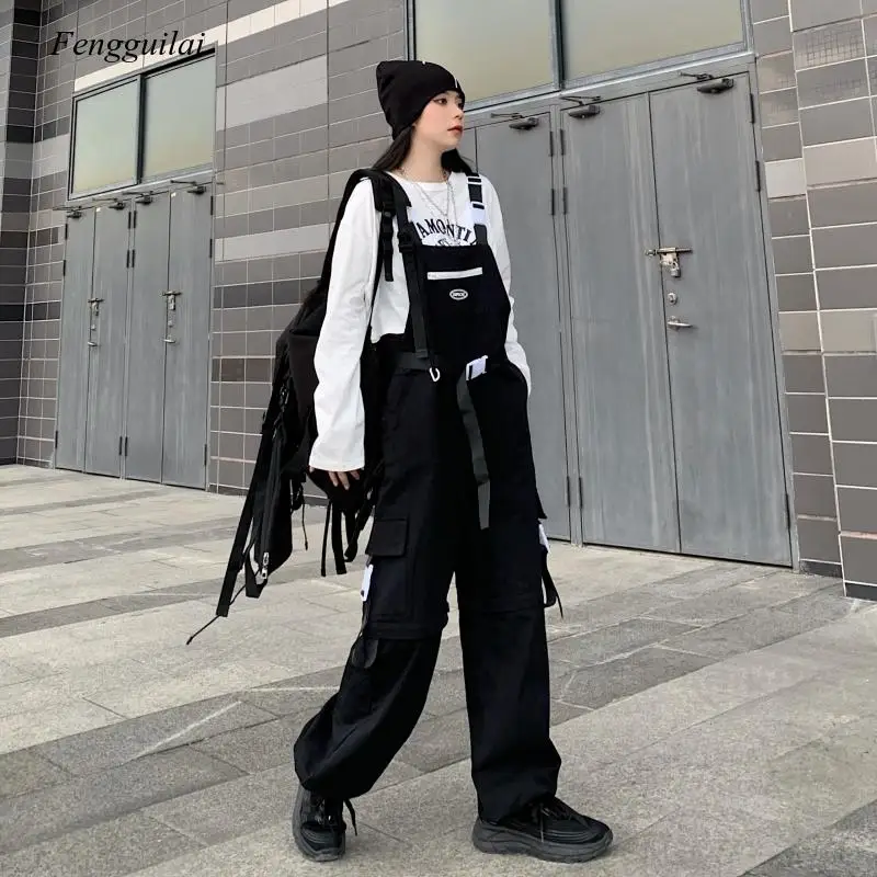 

2021 Women Cargo New Detachable Black Overalls Plus Size Harajuke Cool Street Wear Loose High Waist Jumpsuit