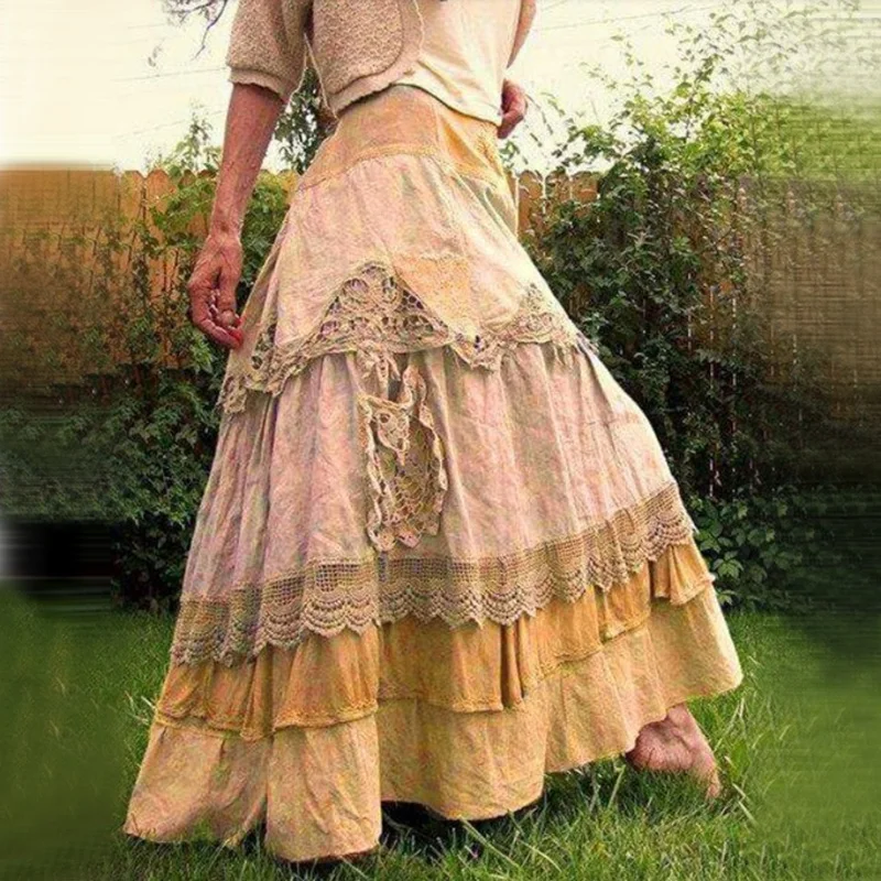 

Women's Plus Size Skirts Summer Vintage Ruffles Oversized Maxi Skirts New Lace Long Skirts Low Waist Prairie Chic Dropped Skirt