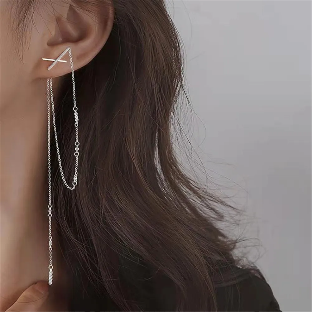 

925 Sterling Silver Cross Tassel Zircon Femal Long Earrings Fashion Elegant Temperament Charm Exquisite Handmade Gift