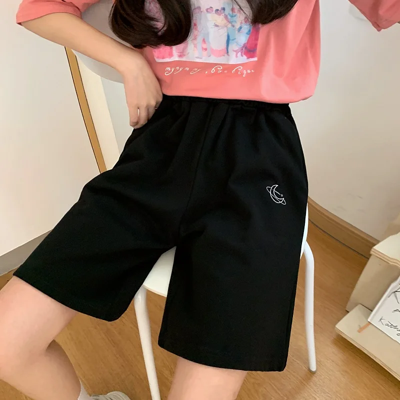 

Shorts Women Pattern Embroidery Lovely Loose Casual Elastic Waist Daily Harajuku Korean Style Womens Knee-length Workout Wear