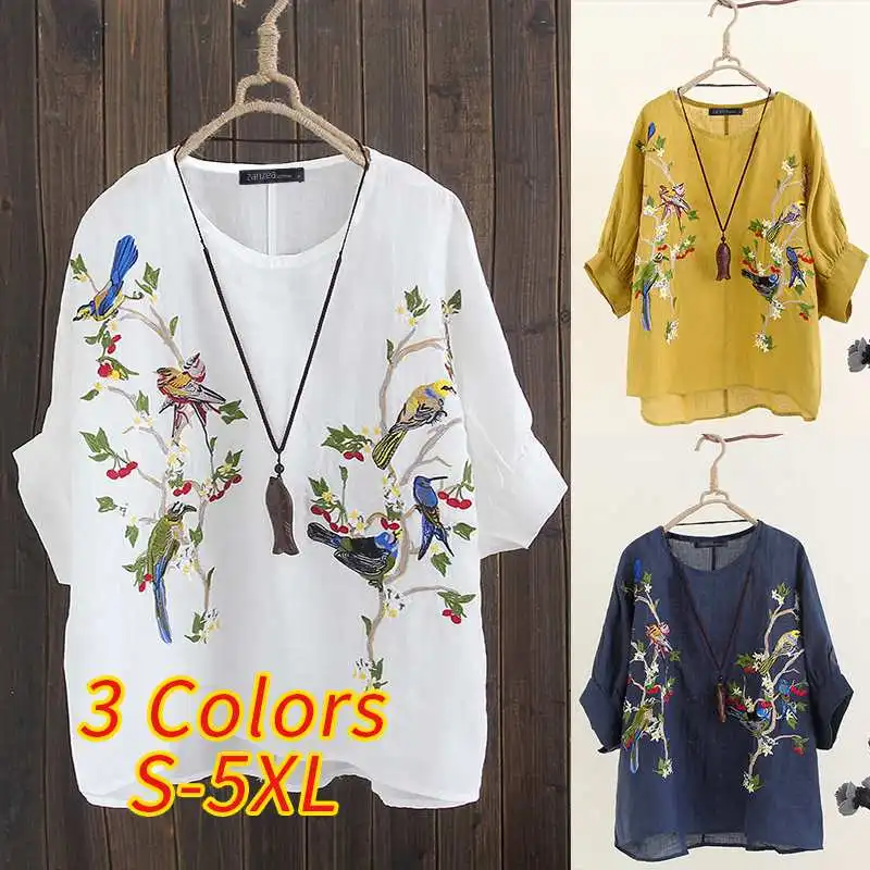 Blusas Top ZANZEA Женская Туника топы Осенние винтажные 3/4 рукав блузка для вечеринок повседневные вышитые Хлопковые женские рубашки свободного кроя