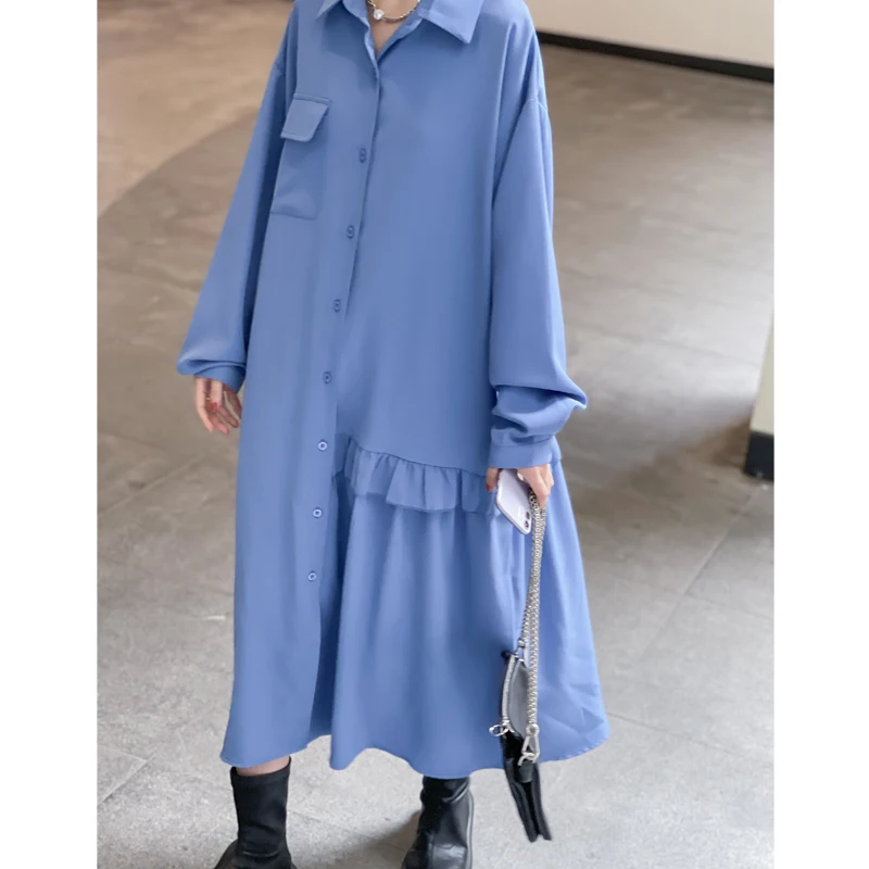 

SuperAen Loose Solid Turn Down Collar Shirt Single Pocket Ruffles Full A-LINE Casual Mid-Calf Dresses for Women