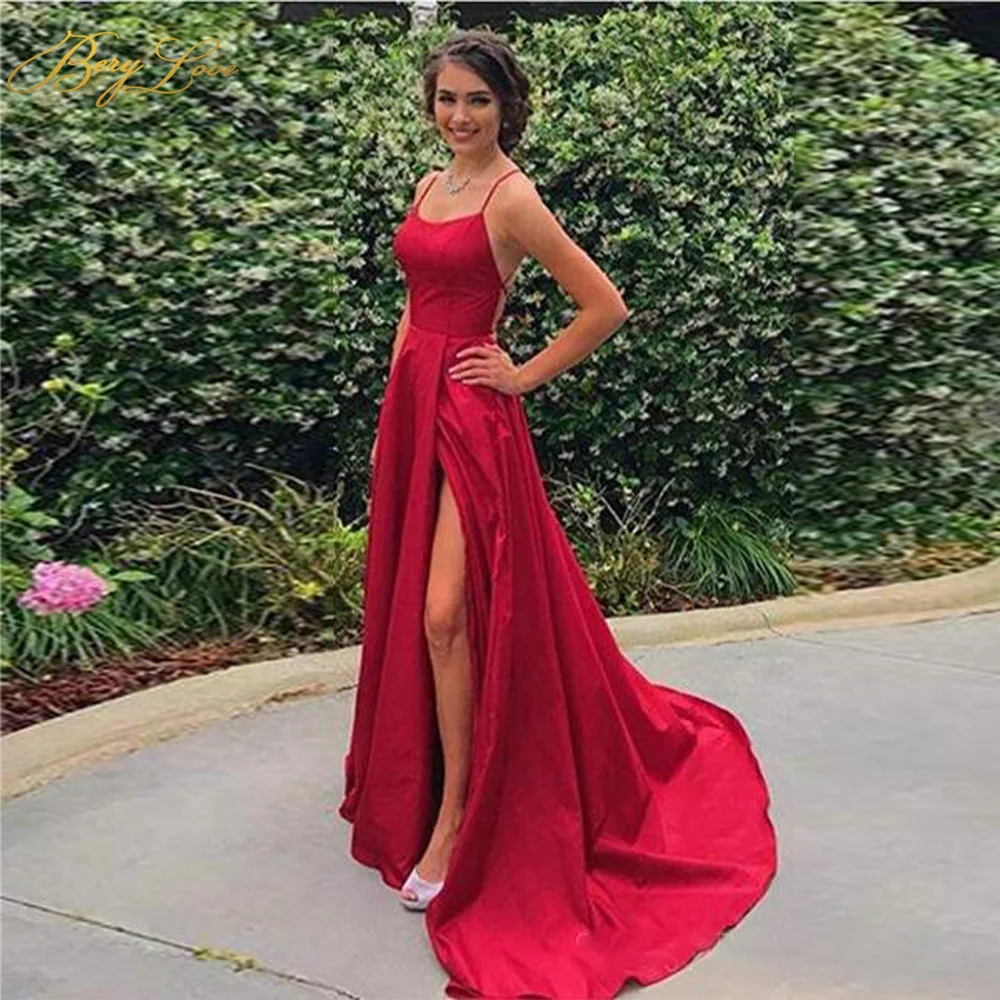 

Berylove Sexy Red Satin Evening Dresses Side Slit Backless Prom Dress Spaghetti Strap Scoop Gown Party Dress Abiye robe femme