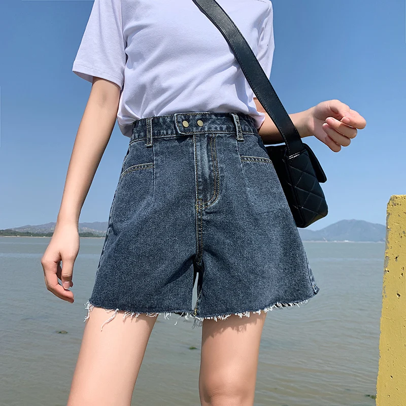 

Free Shipping Double Row of Buttons High Waist Wide Leg Pants Women Jeans Shorts Ladies' Denim Short Pants