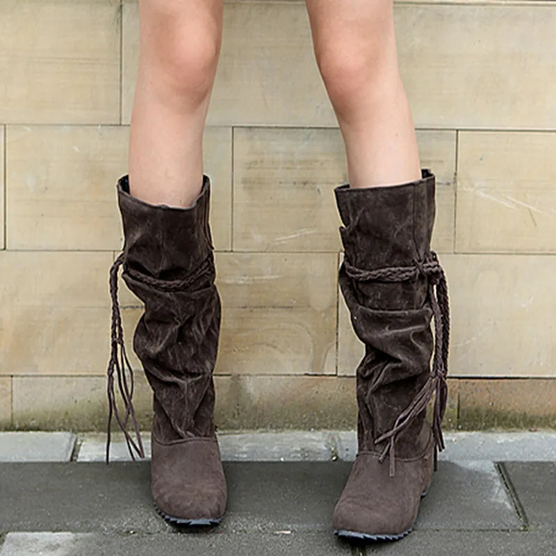 Полу сапоги до колена Женские с бахромой флисовое платье кисточками Botas Mujer