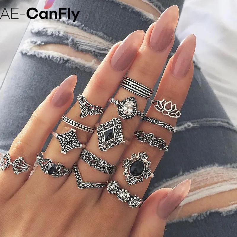 

AE-CANFLY 2020 New Bohemian Vintage Water Drops Star Geometric Crystal Ring Charm Joint Ring Fashion Set Women Jewelry Gift