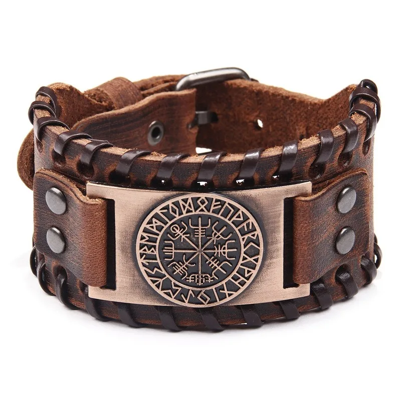 Винтажный Браслет Viking Compass из натуральной кожи для мужчин нордические руны