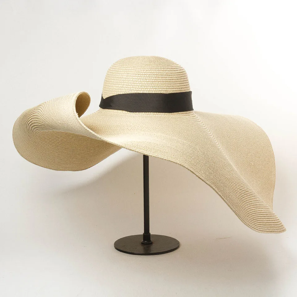 

Fashion Super Wide Brim 30CM Straw Hat With Ribbon Women SunHat Summer Beach Hat Anti-UV Sun Protection Foldable Large Cover Cap