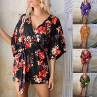 rocwickline new summer and autumn womens jumpsuits casual print v neck loose belt butterfly sleeve vintage sweet slim jumpsuits