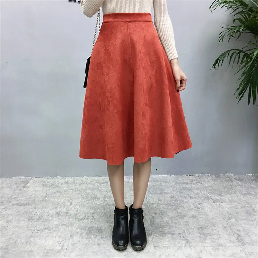 Женская винтажная замшевая юбка длинная Плиссированная миди с завышенной талией