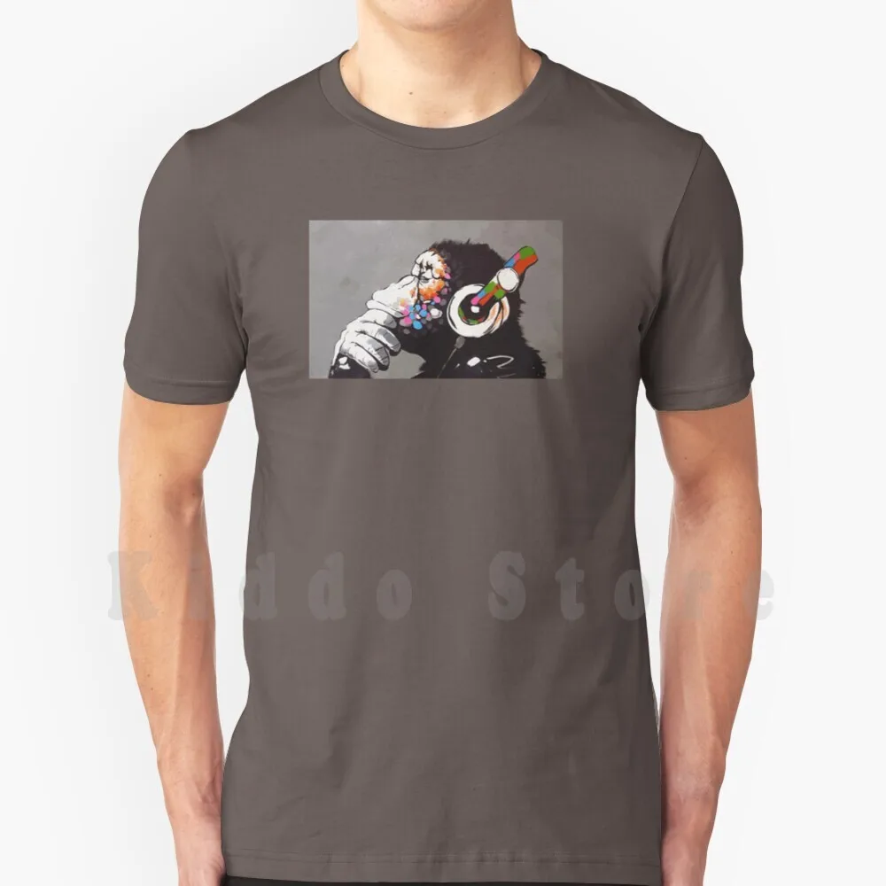 Бэнкси Dj обезьяна мыслитель с наушниками Футболка принтом для мужчин хлопковая