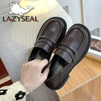 lazyseal classic chunky loafers women soft leather platform shoes round toe solid color slip on ladies flats women casual shoes