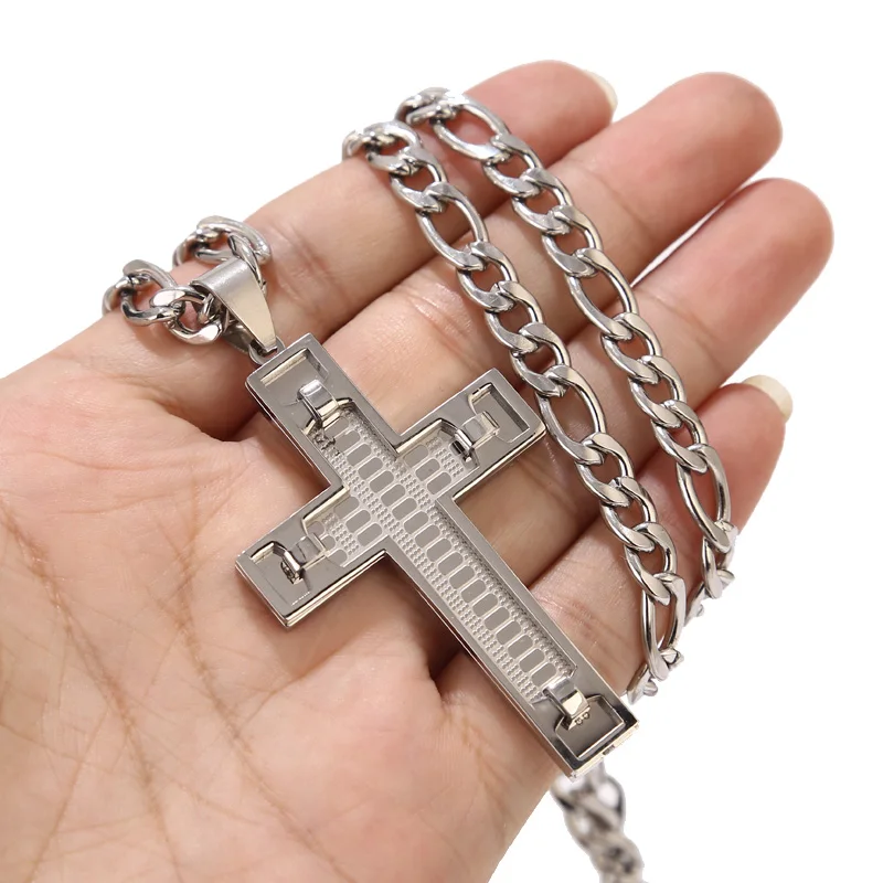 

Stainless Steel 38*62mm Cross Pendant Necklace with 24'' Fiagro 3:1 NK Chains For Men Jewelry Findings Gifts Top Quality